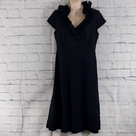 Merona Black Dress w Ruffles at Neckline Cap Sleeve  Sz 6 - Picture 1 of 5
